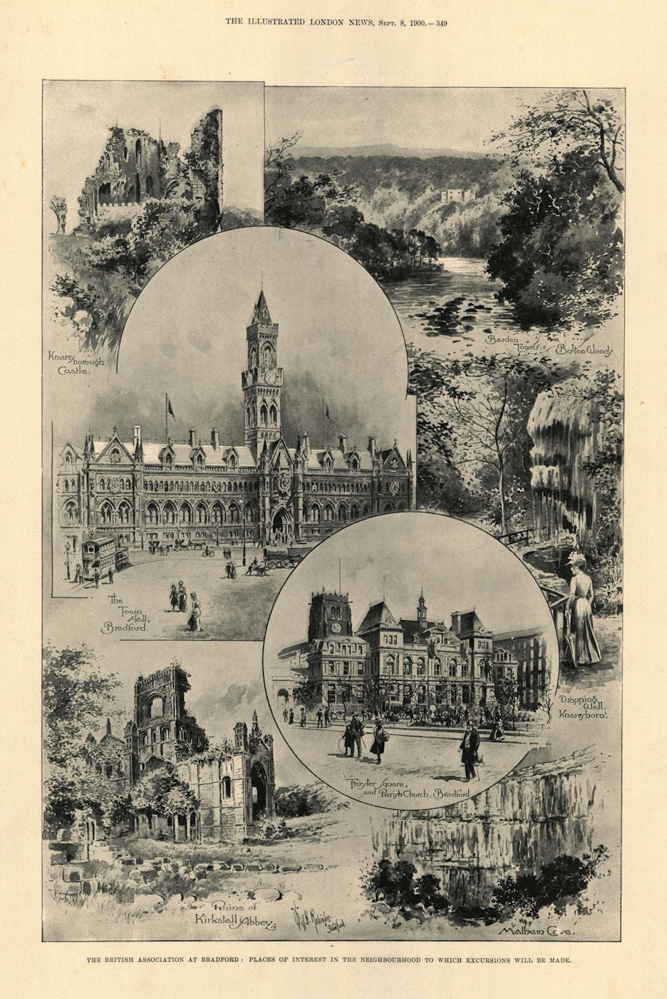 Bradford: Town hall. Forster Square. Kirkstall Abbey. Malham Cove 1900 print